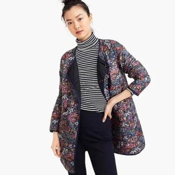 J.Crew x Liberty S Reversible Quilted Puffer Jacket Coat Navy Floral Print - Picture 2 of 13